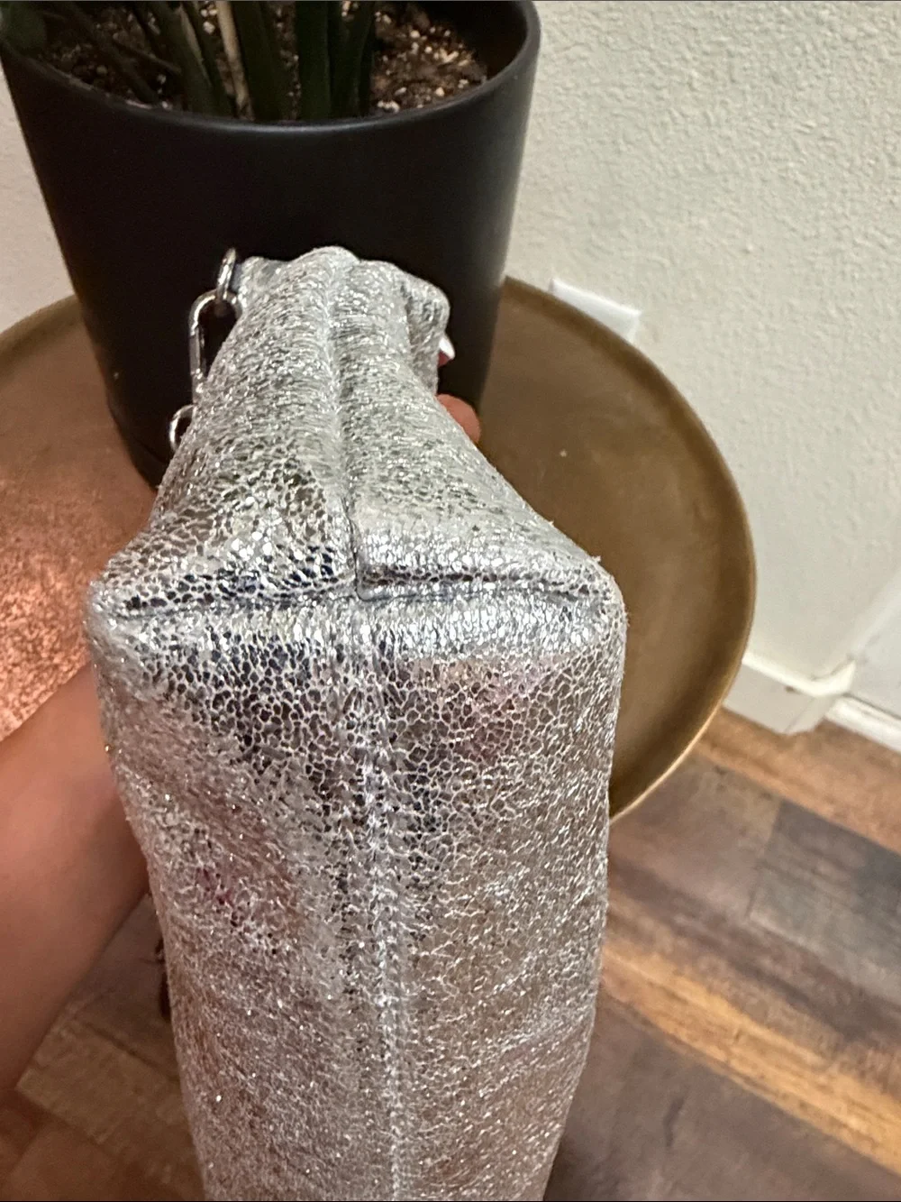 Zara Metallic Silver Foil Crossbody Bag Pearl Bumblebee Accent Cottagecore Glam